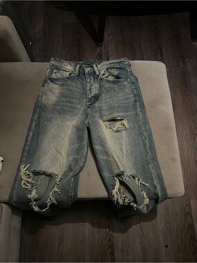 MNML Men's Distressed Blue Denim Straight Jeans